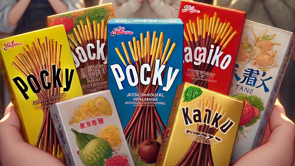 日本のスナック菓子が並ぶイラスト。さまざまなパッケージがカラフルに描かれ、美味しそうなスナックが視覚的に強調されています。