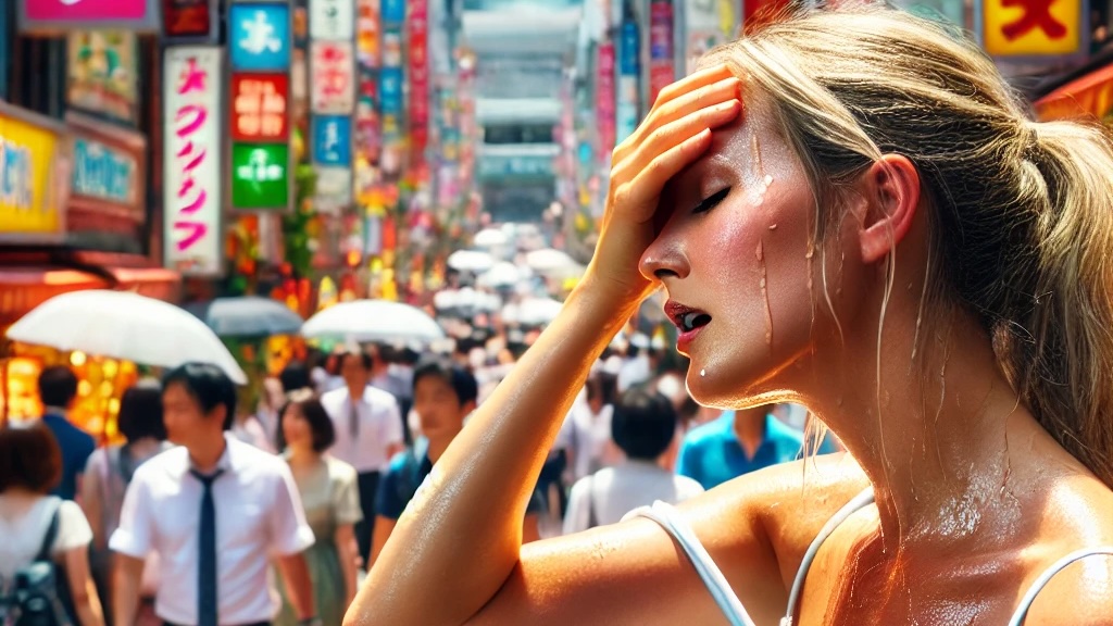 夏の日本の暑さに困惑する外国人女性。